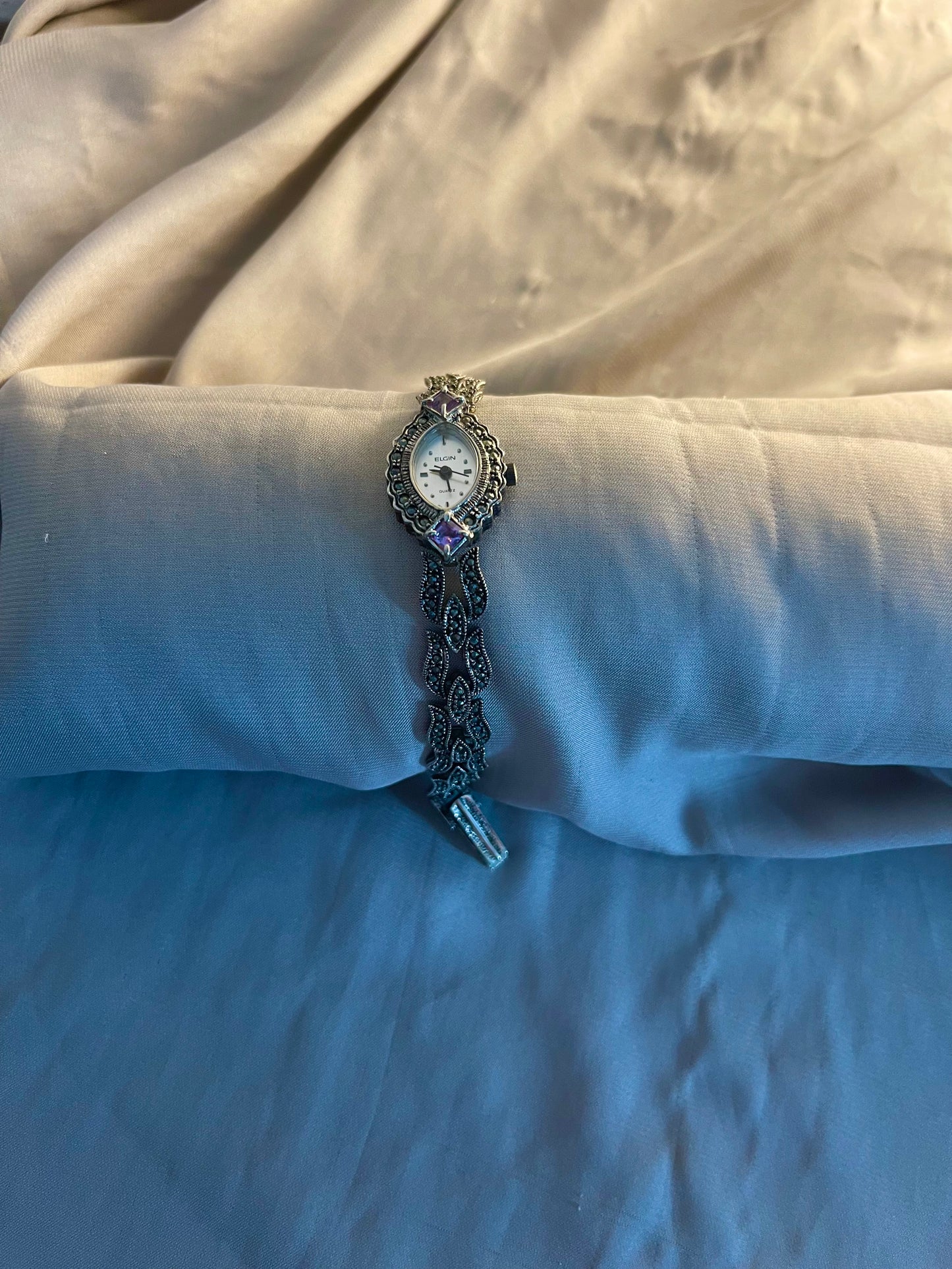 Silver-Tone Marcasite and Amethyst Watch