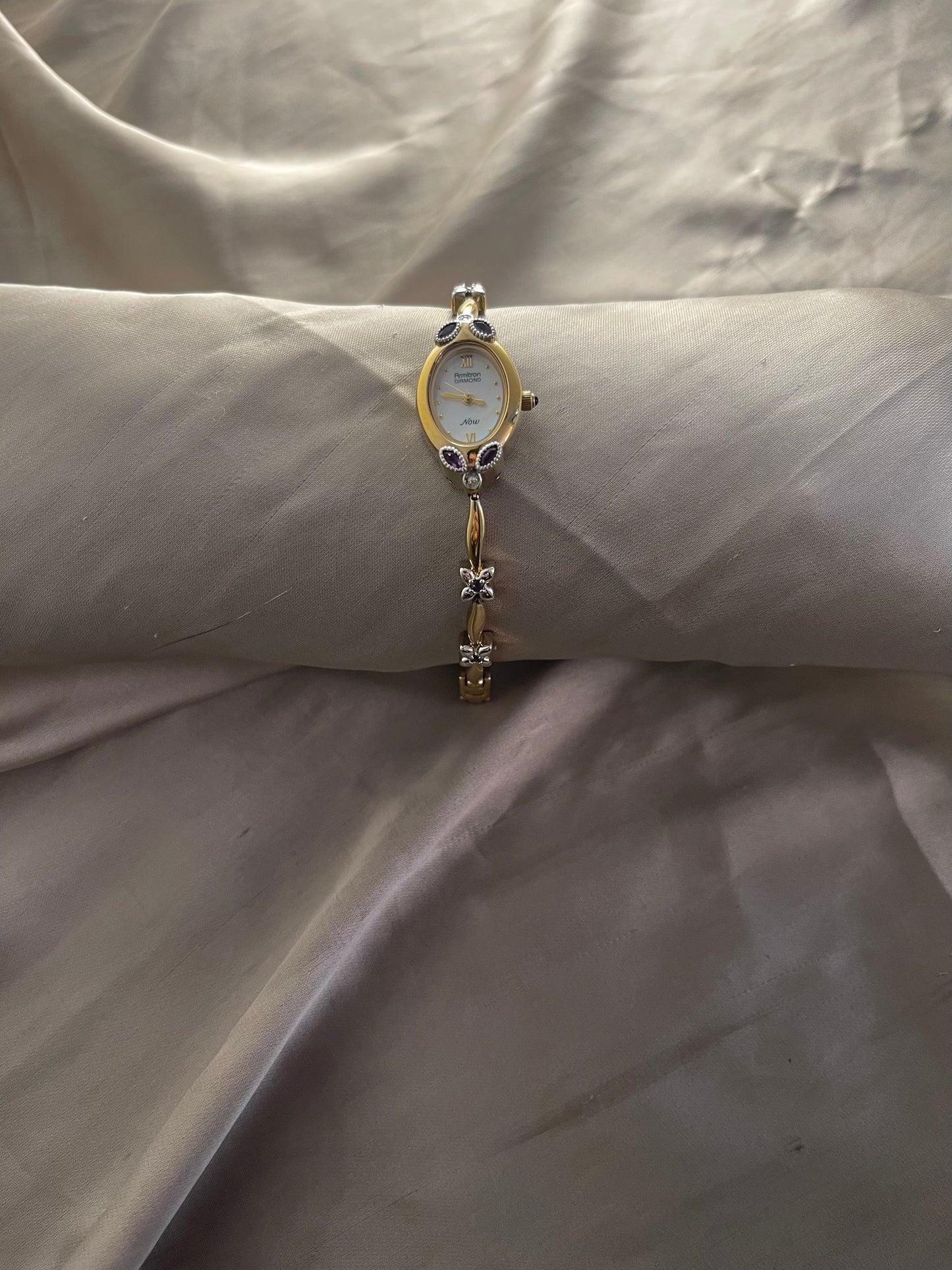 *Working* Amethyst Floral Accented Gold-Tone Watch