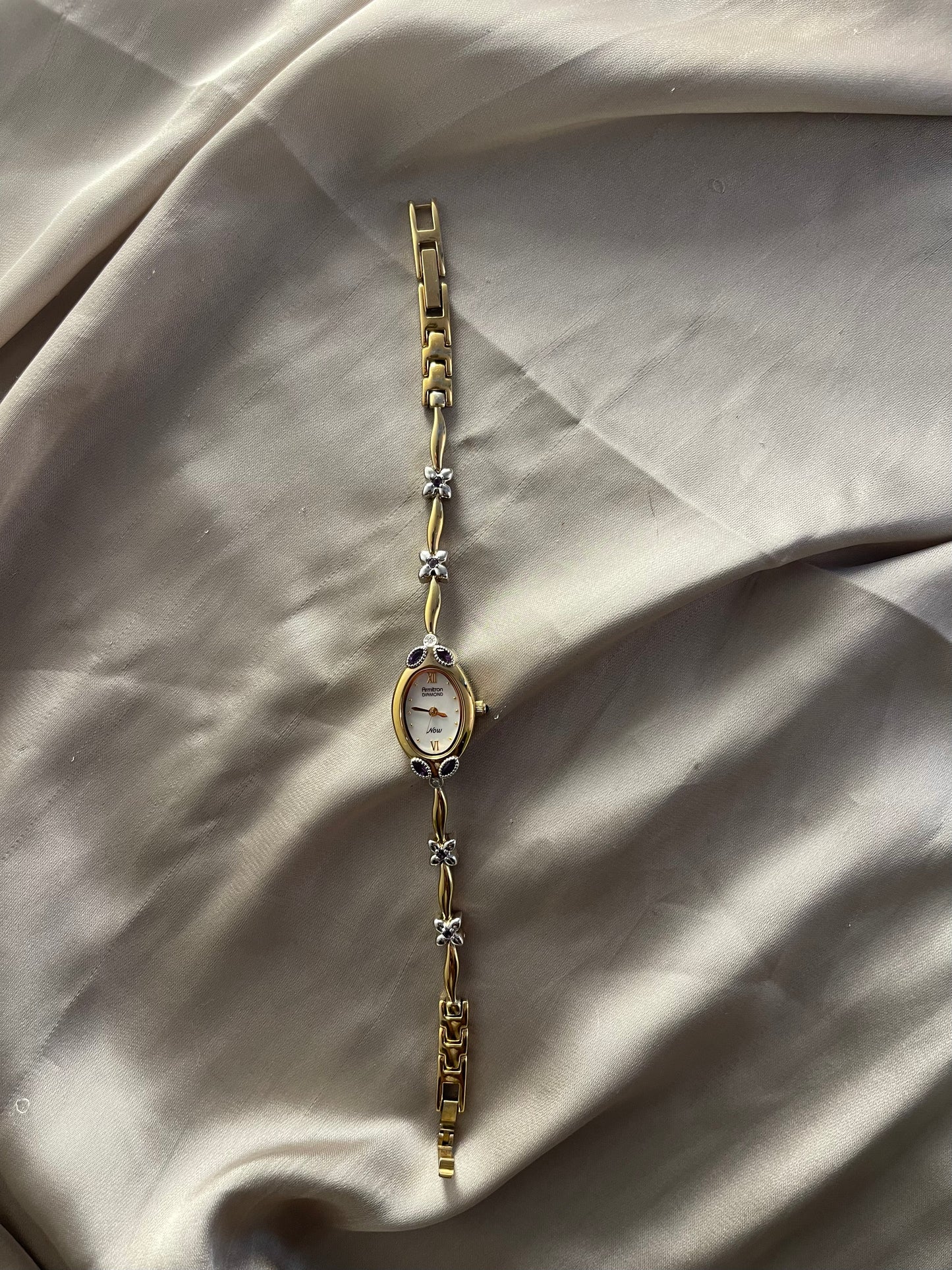 *Working* Amethyst Floral Accented Gold-Tone Watch