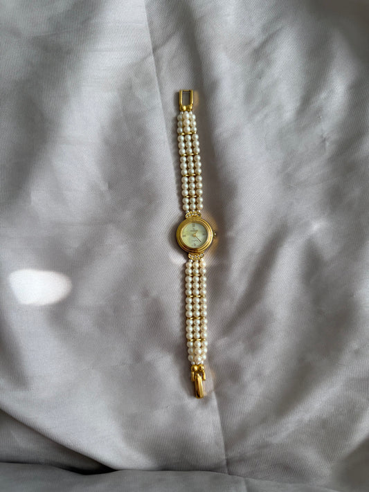 *Working* RARE Peugeot Marble Dial Gold-Tone Pearl Watch
