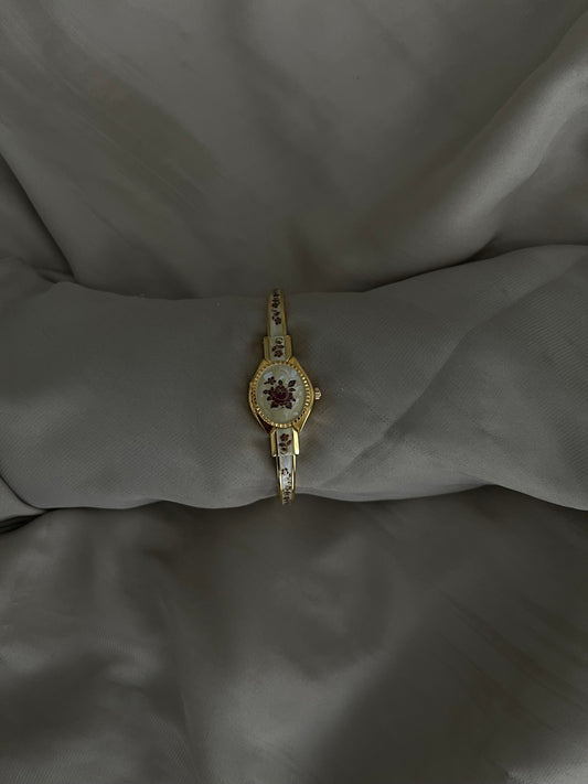 *Working* Floral Painted Gold-Tone Peekaboo Watch