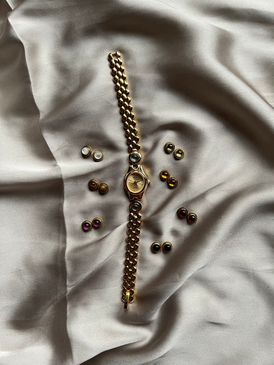 *Working* RARE 1990's Interchangeable Stone Gold-Tone Watch
