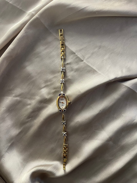 *Working* Amethyst Floral Accented Gold-Tone Watch