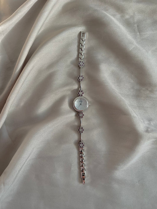 *Working* Amethyst Quartz Floral Silver-Tone Watch