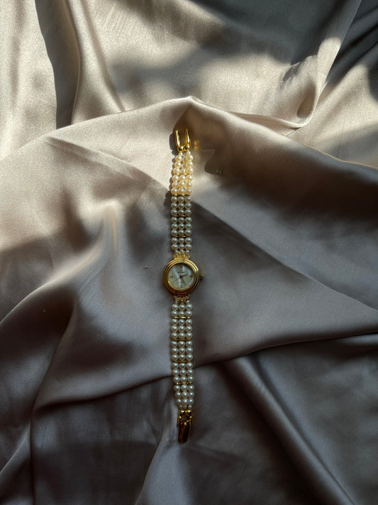 *Working* Rare Peugeot Marble Dial Gold-Tone Pearl Watch