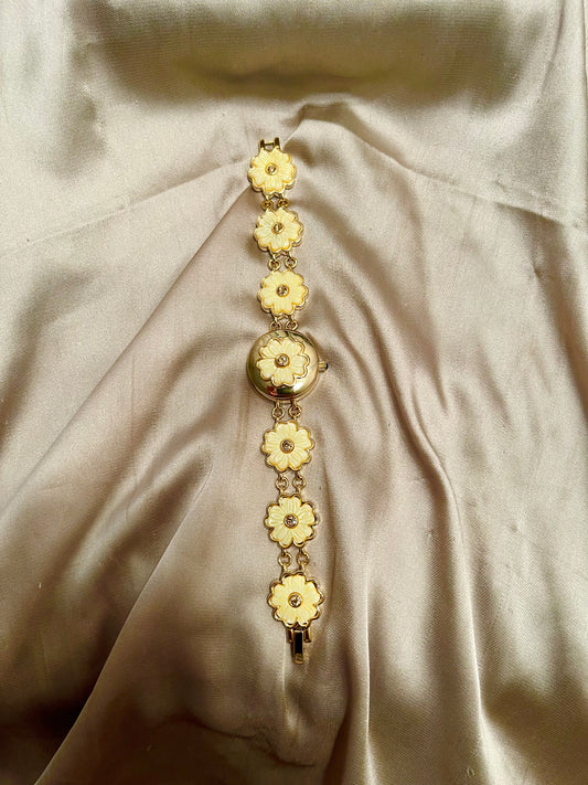 Rare 90's Butter Yellow Floral Peekaboo Bracelet Watch