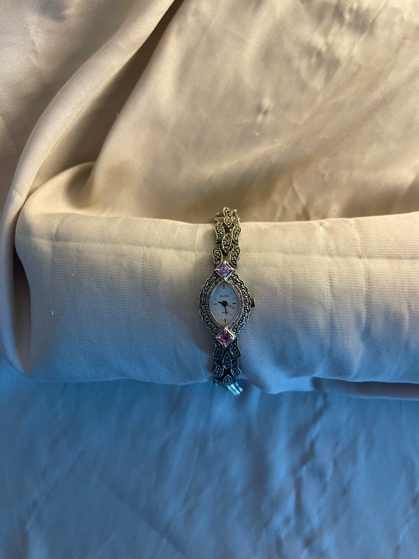 Silver-Tone Marcasite and Amethyst Watch