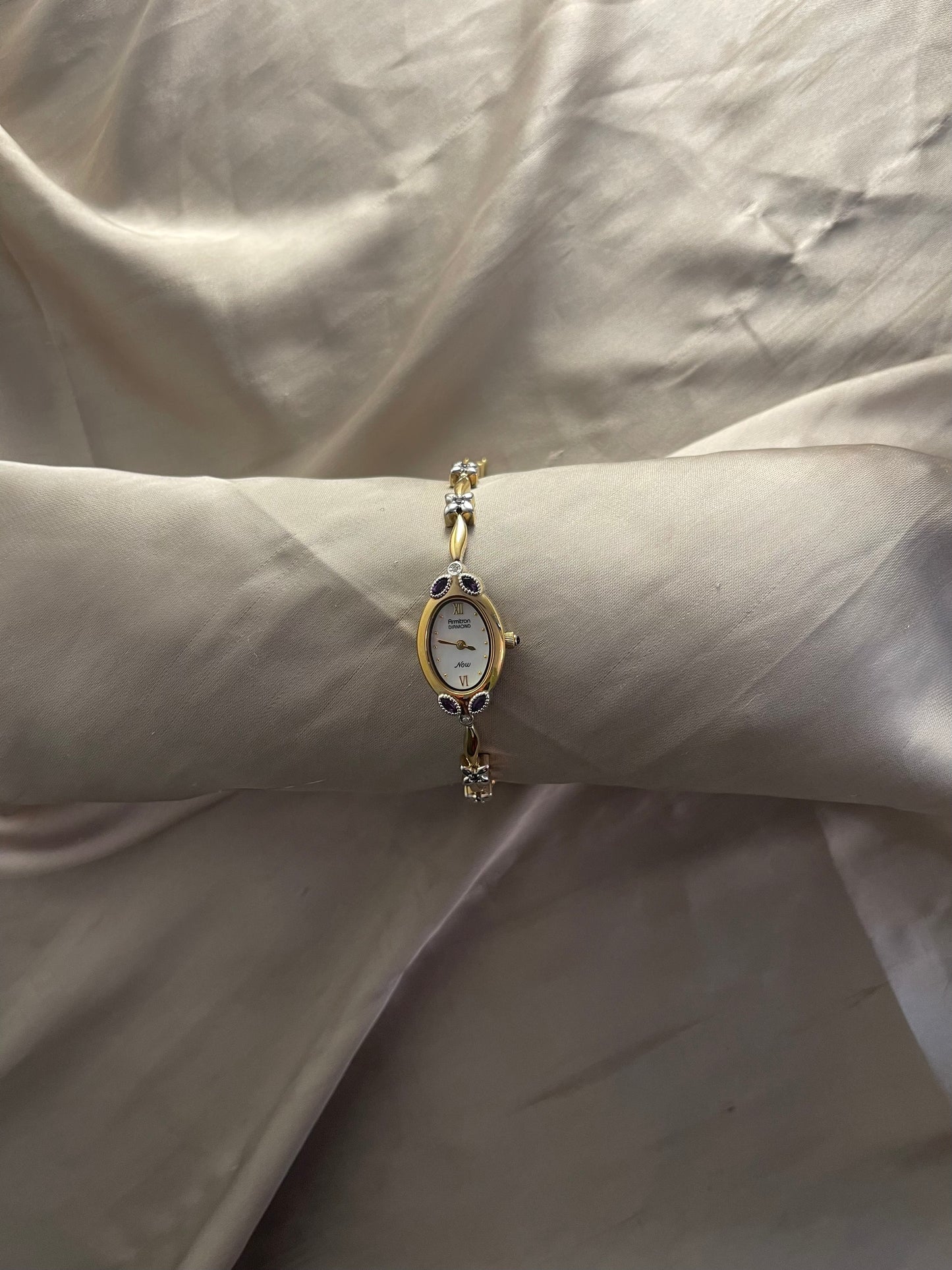 *Working* Amethyst Floral Accented Gold-Tone Watch